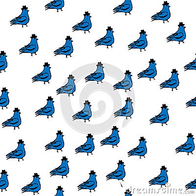 Spring birds illustration, seamless, pattern dove with cylinder. Vector Illustration